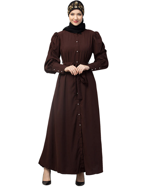Muslimah Front Open long Cuff Gathered Puffed Sleeve Casual Abaya in the Shade Of Chocolate